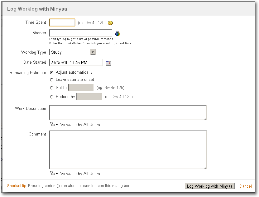 Log Work on Transition Custom Field